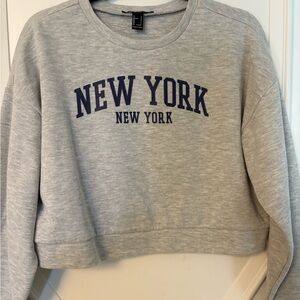 Forever 21 Gray Cropped 'New York' Sweatshirt with Navy Print
